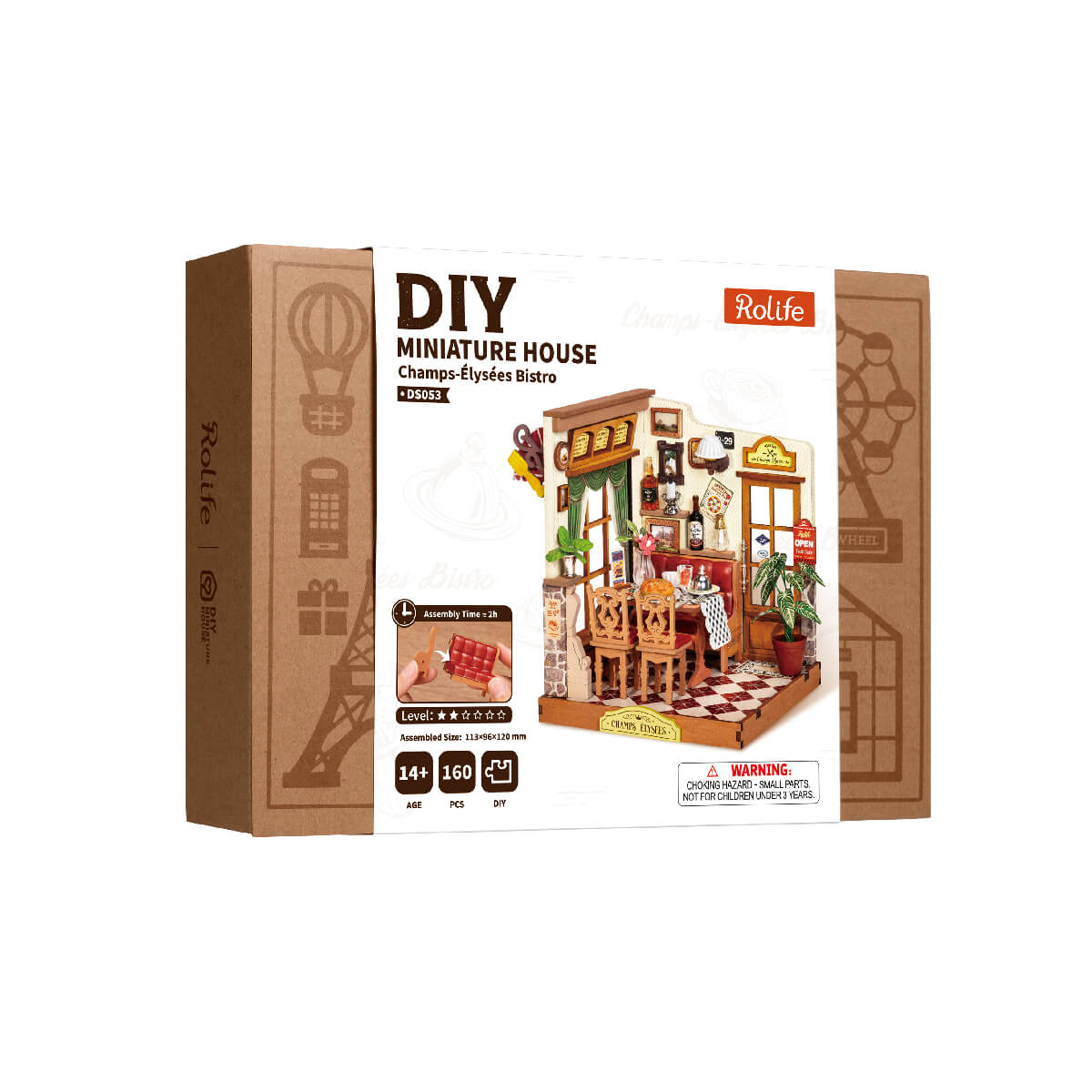 Rolife Champs-Élysées Bistro Miniature House DS053 DIY miniature house kit, side view highlighting structure and scale