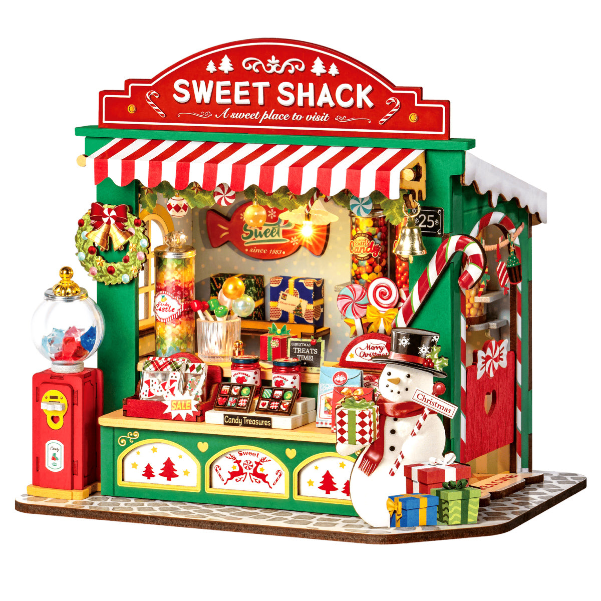 Rolife Christmas Candy Stand Miniature House DS043 3D wooden architecture model, product front view on neutral background