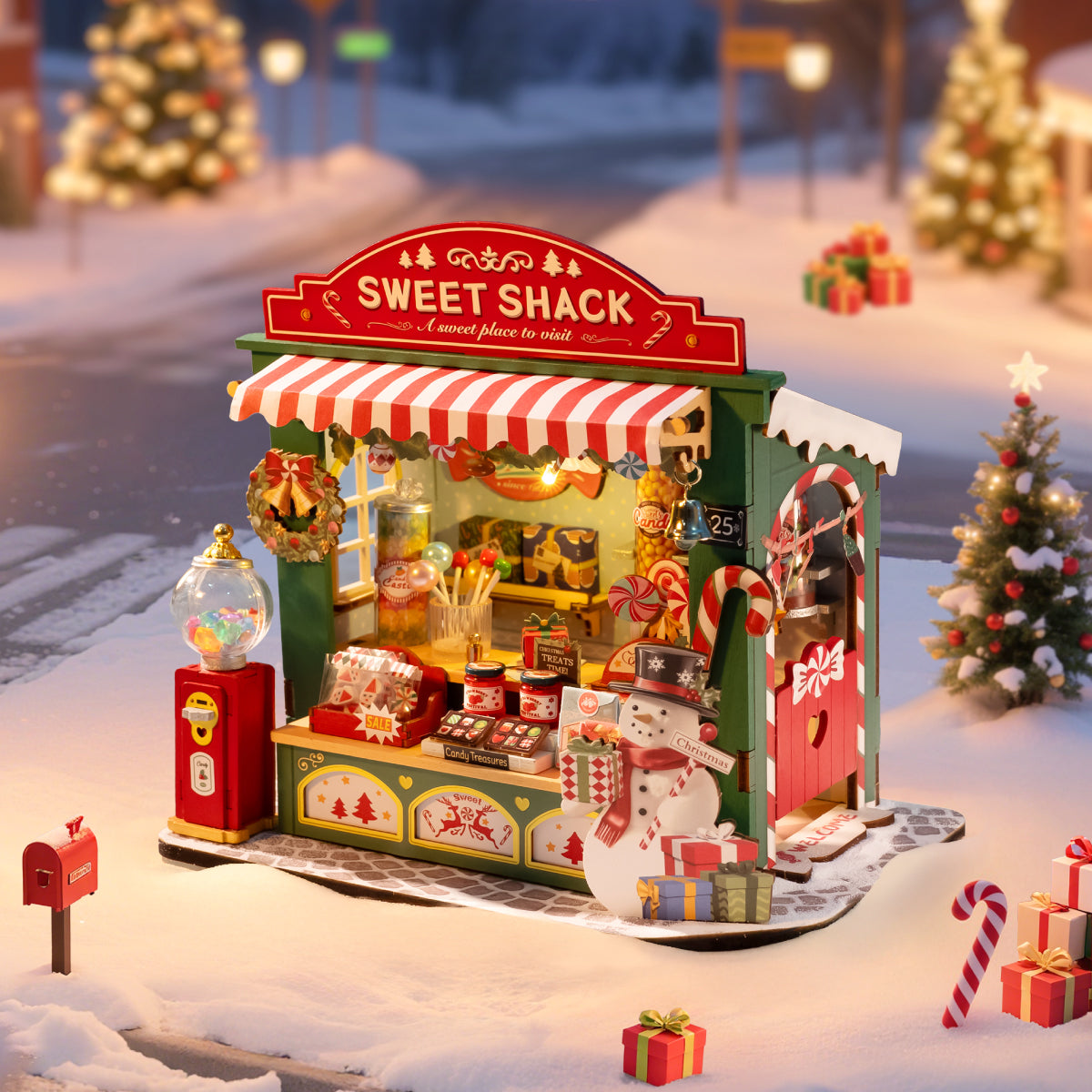 Rolife Christmas Candy Stand Miniature House DS043 3D wooden architecture model, angled view showing detail and craftsmanship
