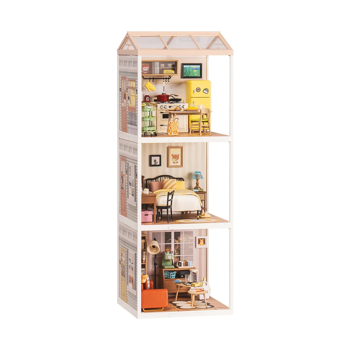 Rolife Super Creator Series 3-in-1 I Shape compact three-room miniature tower showing yellow kitchen, bedroom, and living room stacked vertically in a narrow white frame on a table.