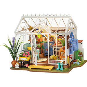 A Rolife Dreamy Garden House DIY miniature kit DG163 displayed as a product shot showing a white glass greenhouse with colorful plants inside