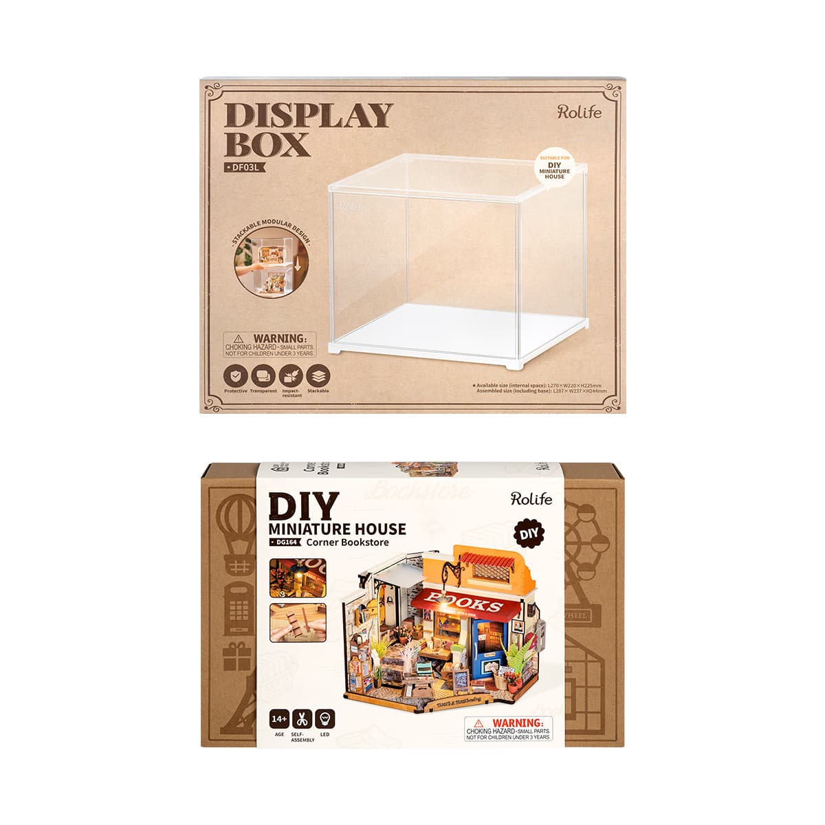 Rolife bookstore kit packaging is shown with a display box package and DIY model box.