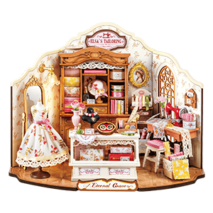 Rolife Elsa's Tailoring DG178 miniature house kit showing completed sewing workshop with dress form, shelves, and warm hanging lights