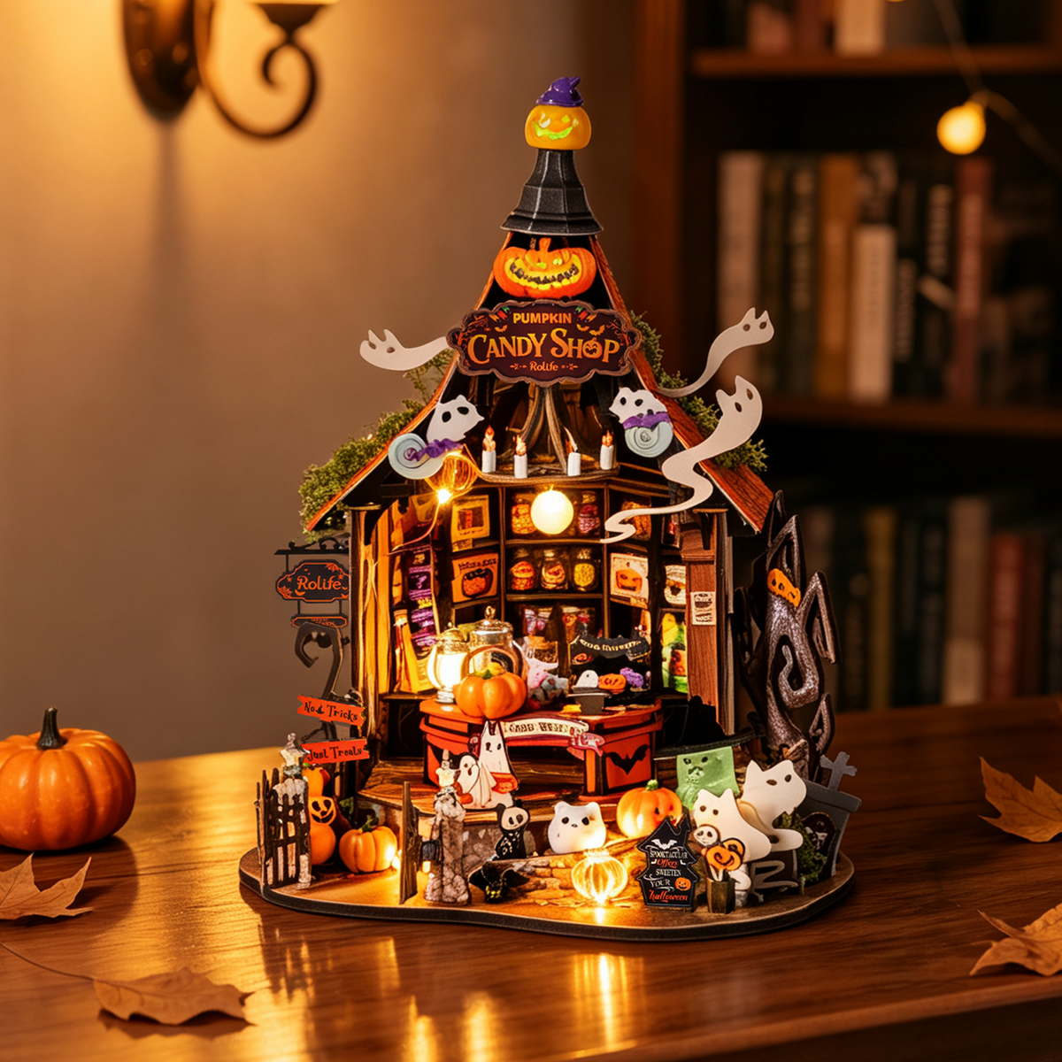 Rolife Haunted Candy House illuminated Halloween candy shop scene on a table
