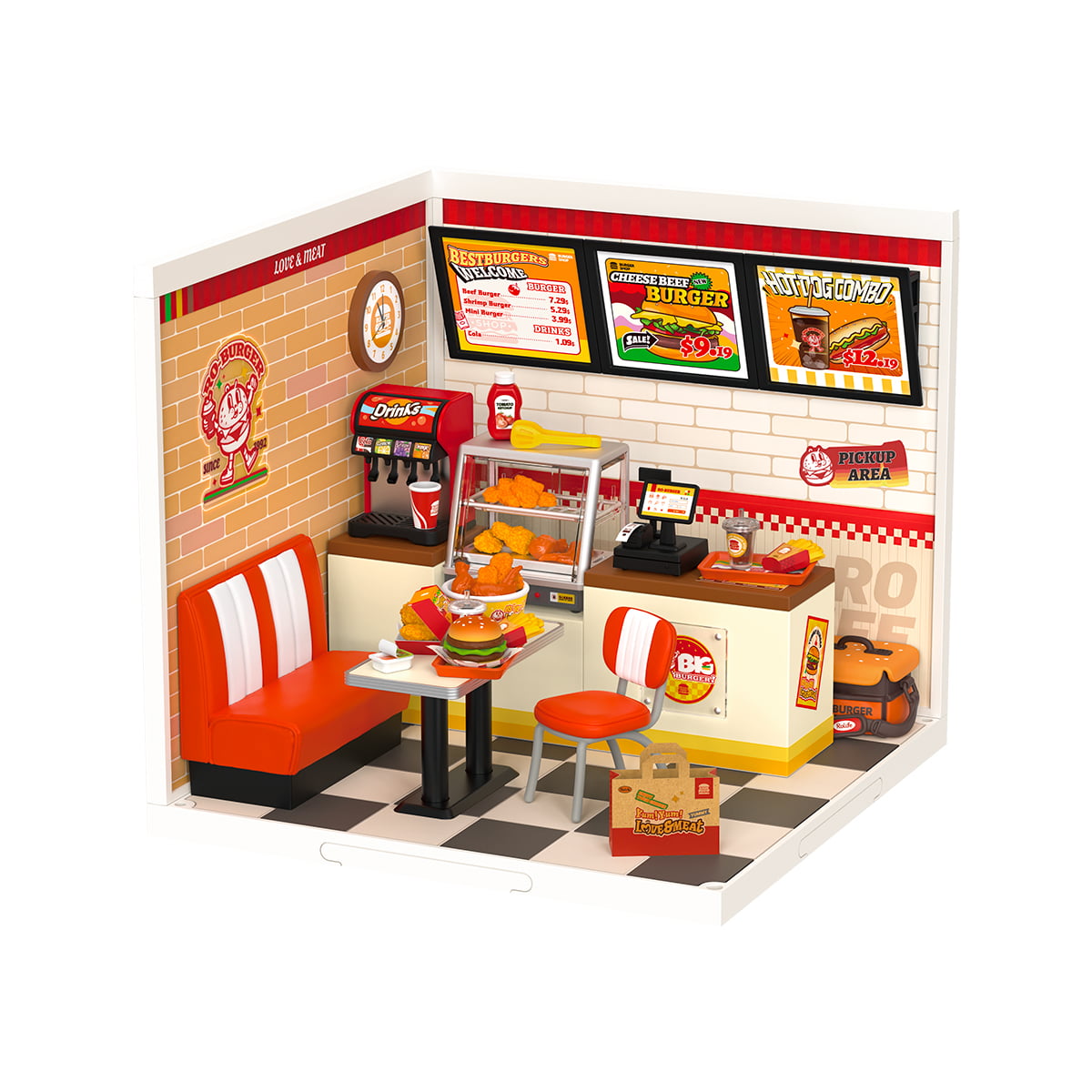 Rolife Yum Yum Burgers DW010 Super Creator full white background view of complete retro burger diner with all food accessories and seating area
