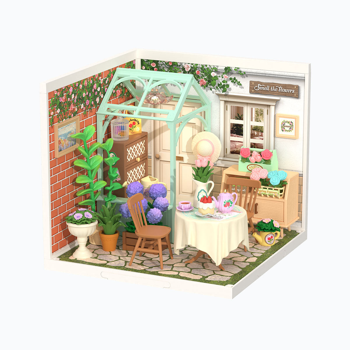 Rolife Blooming Tea Garden Miniature House DW013B DIY miniature house kit, product front view on neutral background