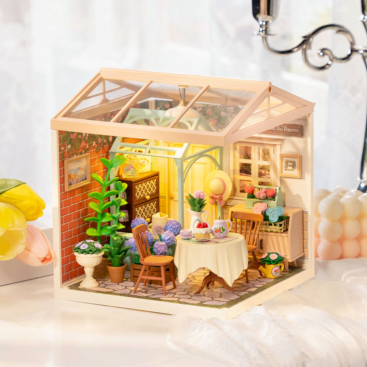 Rolife Blooming Tea Garden Miniature House DW013B DIY miniature house kit, angled view showing detail and craftsmanship