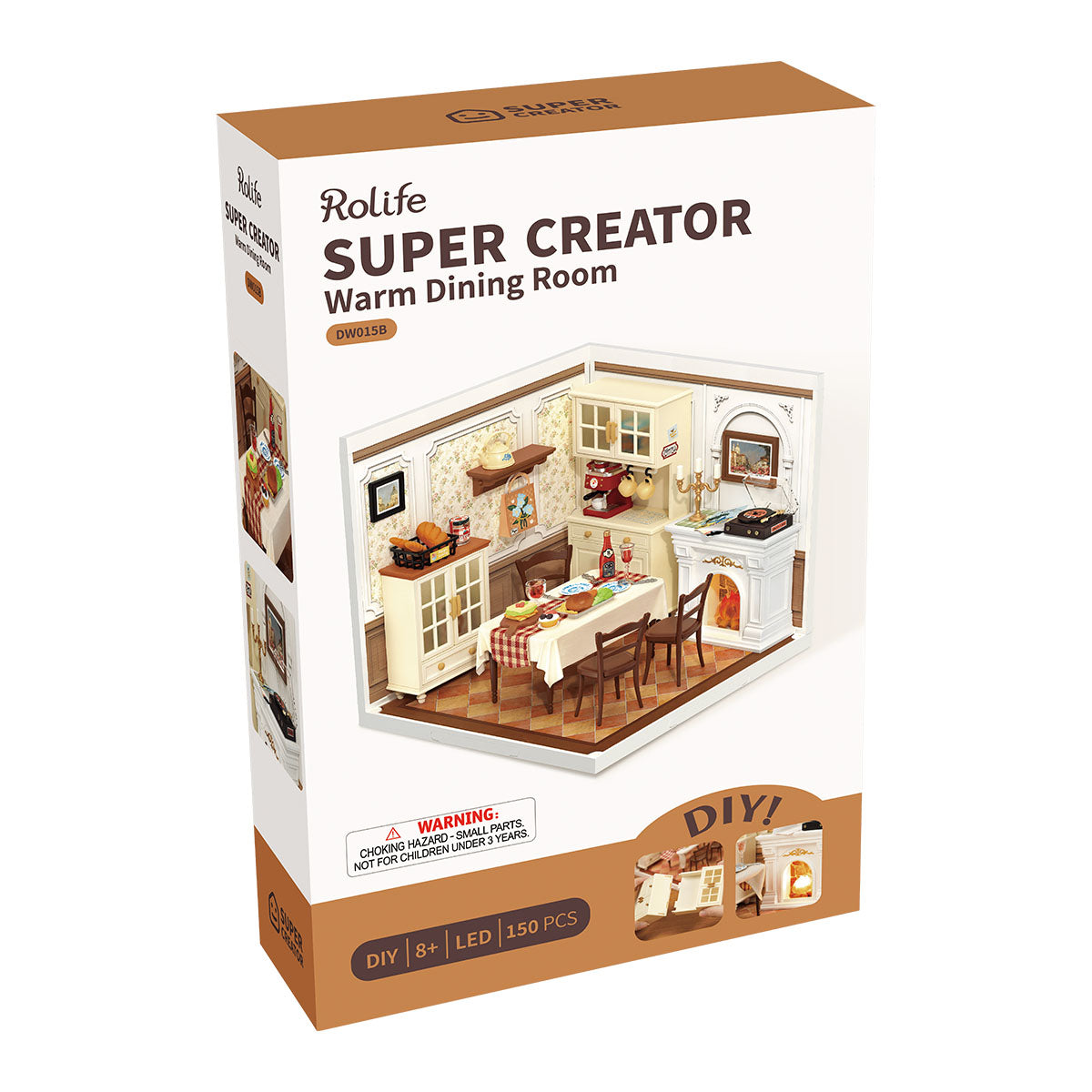 Rolife Warm Dining Room retail box showing a cozy miniature dining room on the cover