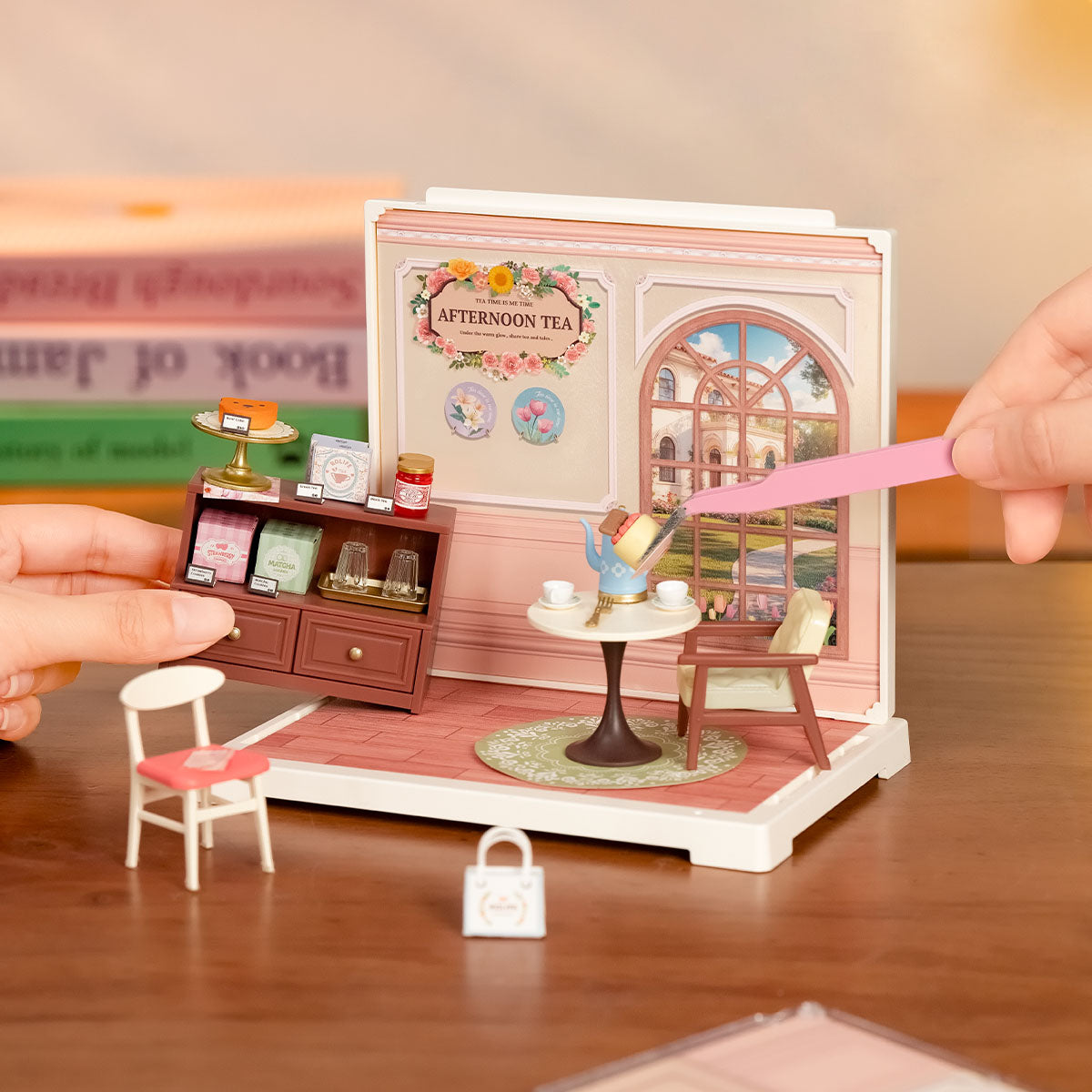 Rolife Honey Tea Lounge DIY miniature house kit, styled lifestyle shot DWS02B