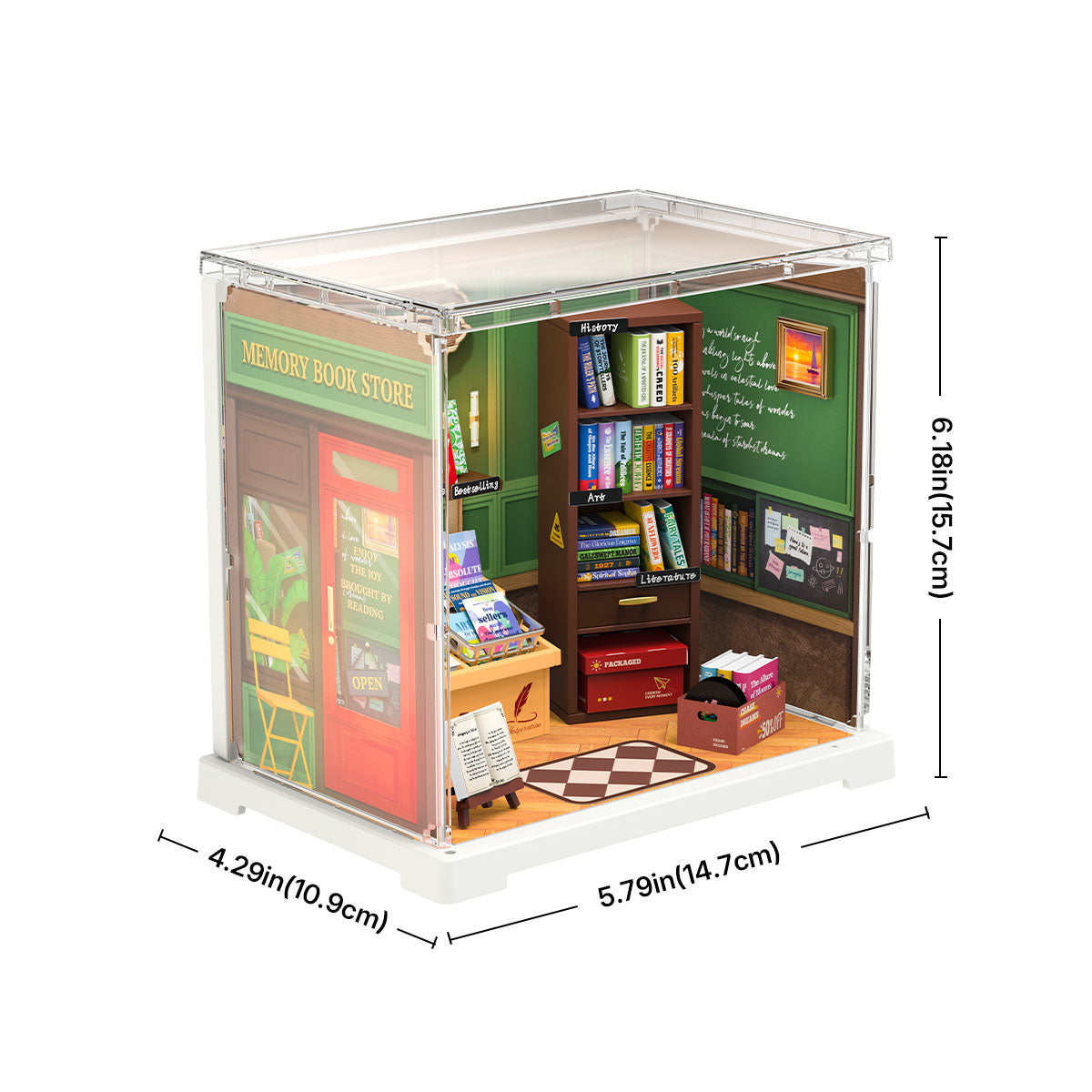 Rolife Memory Book Store DWS04B miniature with acrylic case open at the side showing the full Book Store interior with shelves and display table of tiny books.