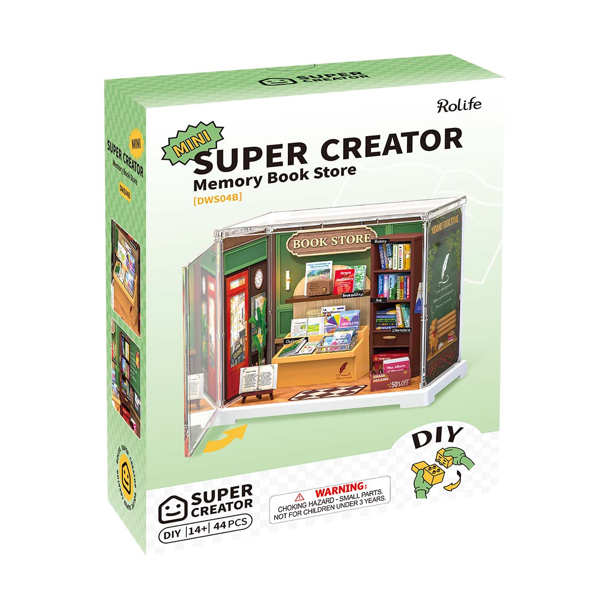 Rolife Memory Book Store DIY miniature house kit, side view DWS04B
