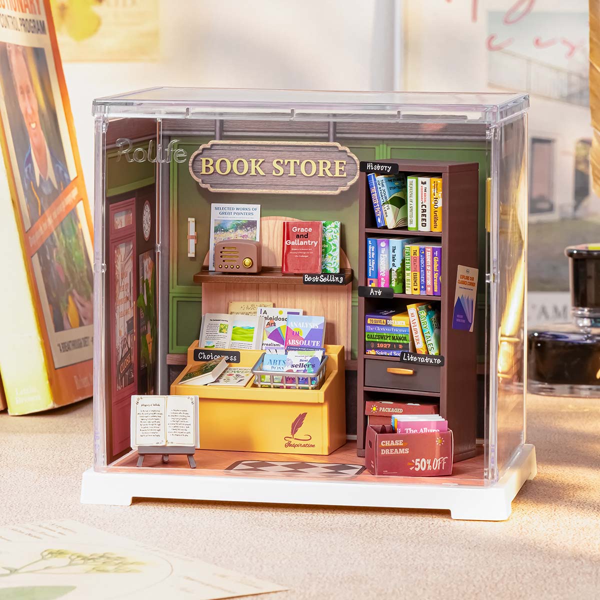Rolife Memory Book Store DIY miniature house kit, detail close-up DWS04B
