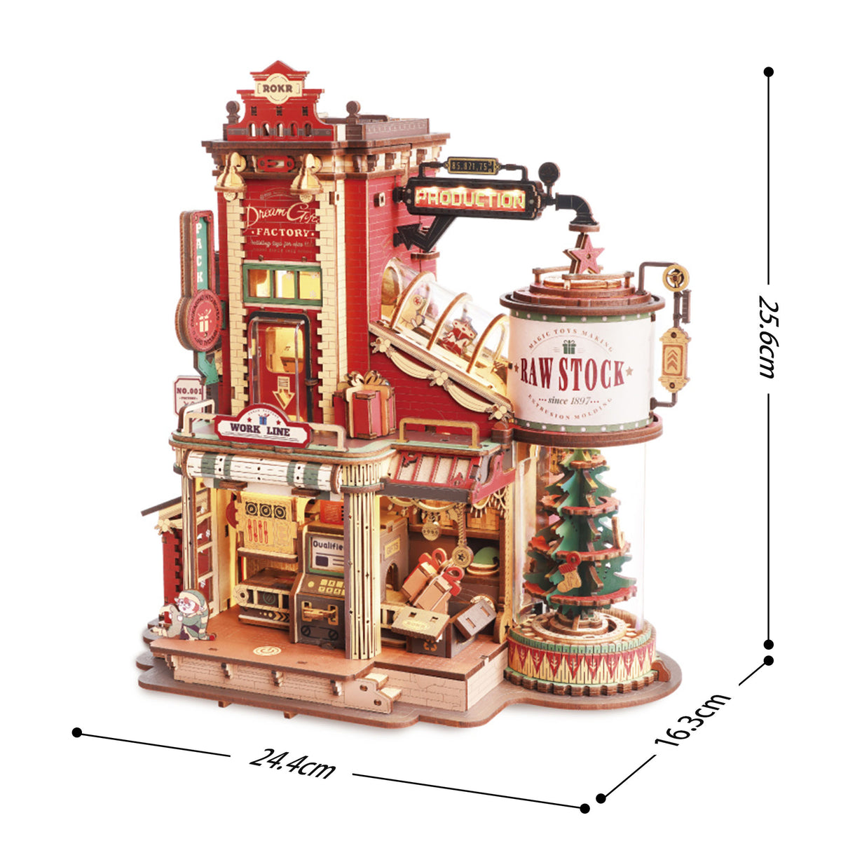 ROKR Dream Gift Factory EAB01 dimension diagram showing the red brick building at 25.6 cm tall with Raw Stock cylinder tower beside it
