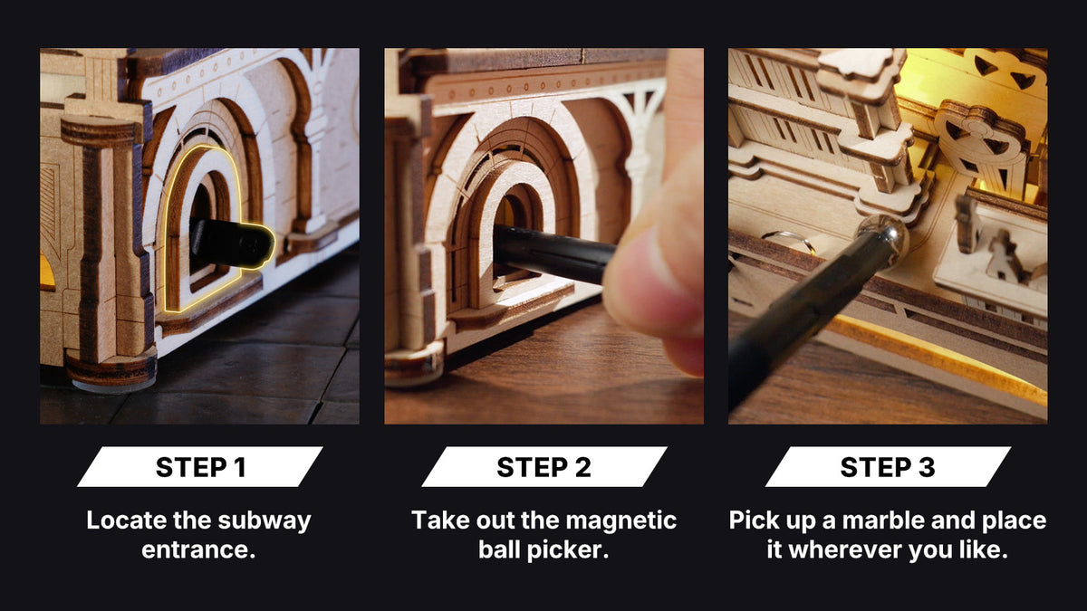 ROKR London Marble Run step by step usage guide showing how to locate the subway entrance and use the magnetic ball picker to place marbles