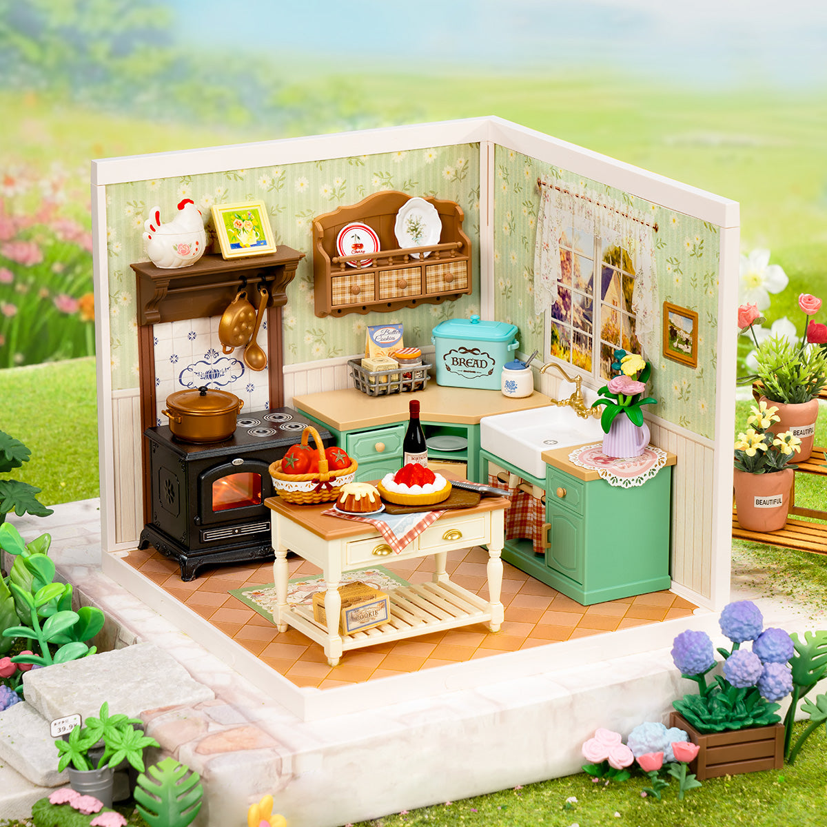 Rolife Farmhouse Kitchen DW024 open-corner room scene with iron stove, green cabinets, and a flower arrangement in a garden meadow setting