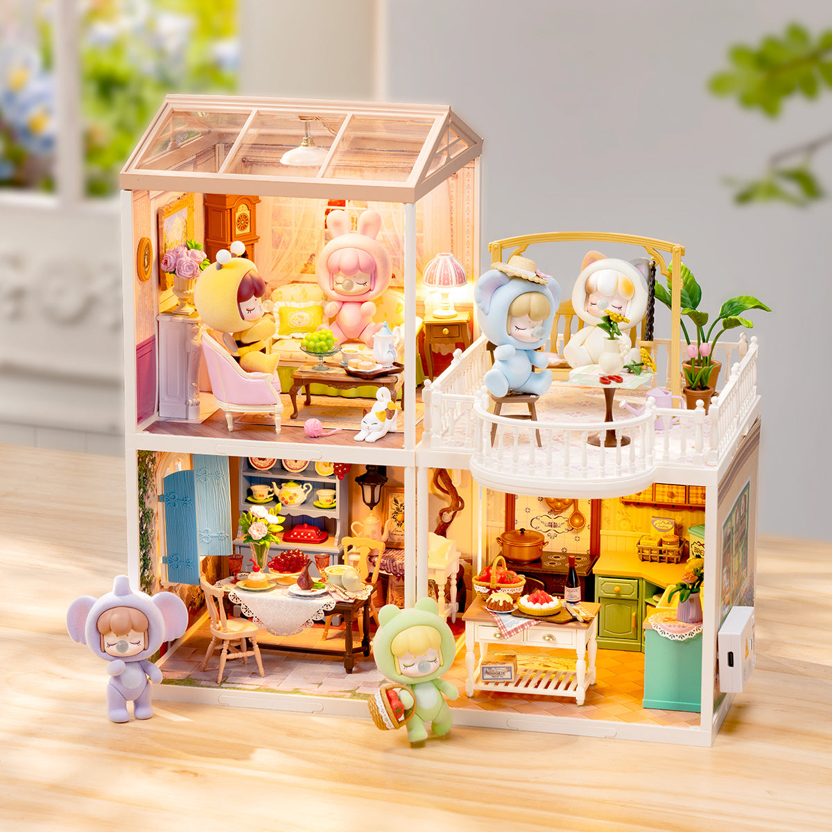 Rolife Farmhouse Kitchen DW024 multi-floor lit Nanci dollhouse exterior with character figures playing on the floor around it