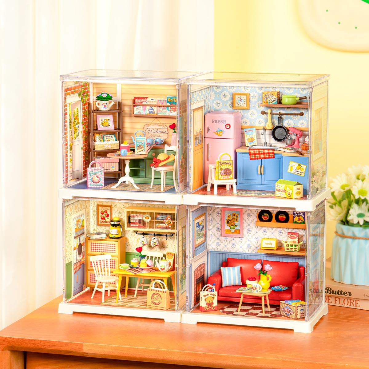 Rolife Floral Dining Room Miniature House DWS06B DIY miniature house kit, close-up of interior components and accessories