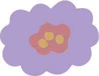 Soft lavender rounded flower shape with a mauve center and three yellow dot accents, decorative element