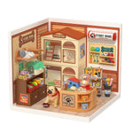Rolife Furry Friends Home miniature pet store interior with dog, shelves and snack display counter