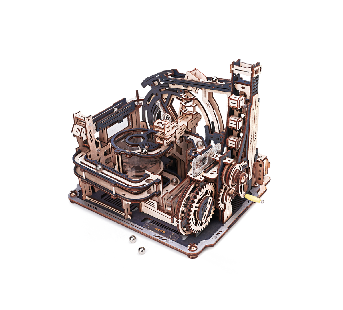 ROKR vintage-style mechanical marble run game machine in dark bronze tones on white background