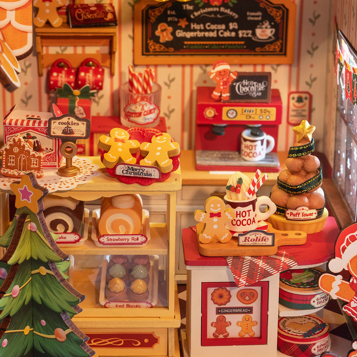 Rolife Gingerbread House Miniature House DG176 DIY miniature house kit, close-up of interior components and accessories