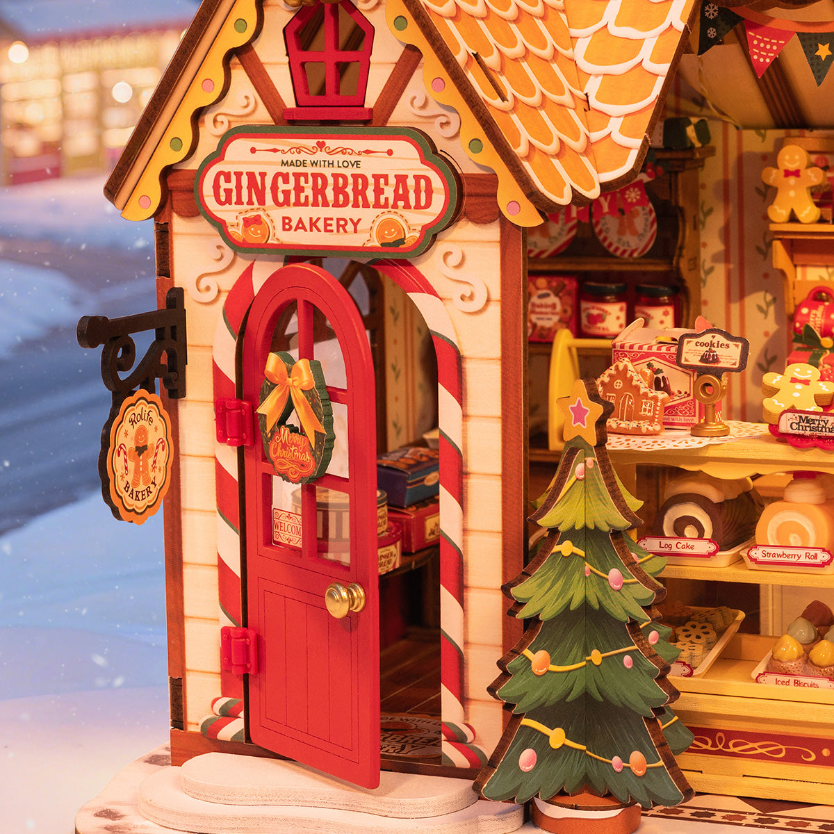 Rolife Gingerbread House Miniature House DG176 DIY miniature house kit, styled lifestyle scene with model assembled