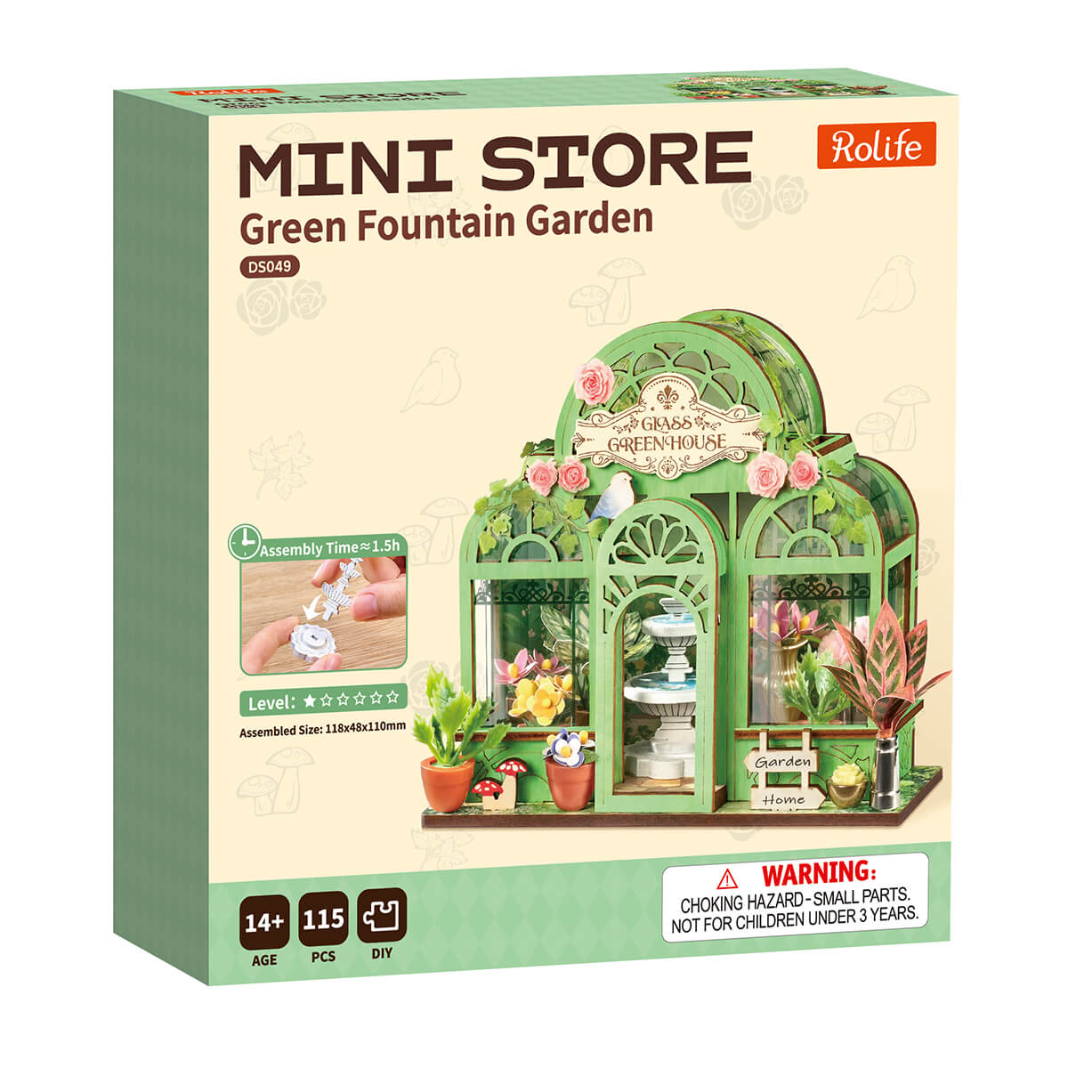 Rolife Green Fountain Garden Miniature House DS049 DIY miniature house kit, styled lifestyle scene with model assembled