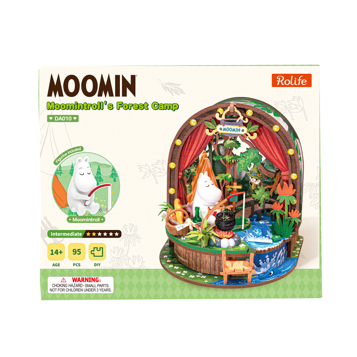 Rolife Moomintroll Forest Camp kit box with the completed woodland scene on front