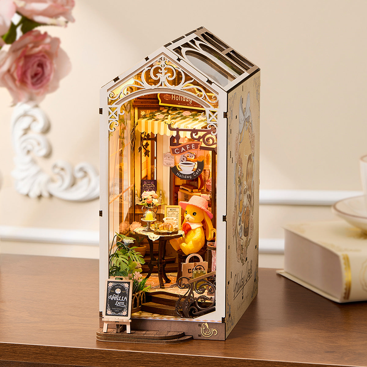 Rolife Holiday Cafe Book Nook Kit TGB15 3D wooden puzzle model, angled view showing detail and craftsmanship