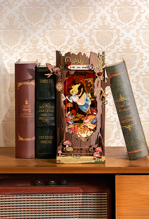 Robotime Home Decor interest category tile, Rolife Alice in Wonderland book nook insert displayed between vintage hardcover books