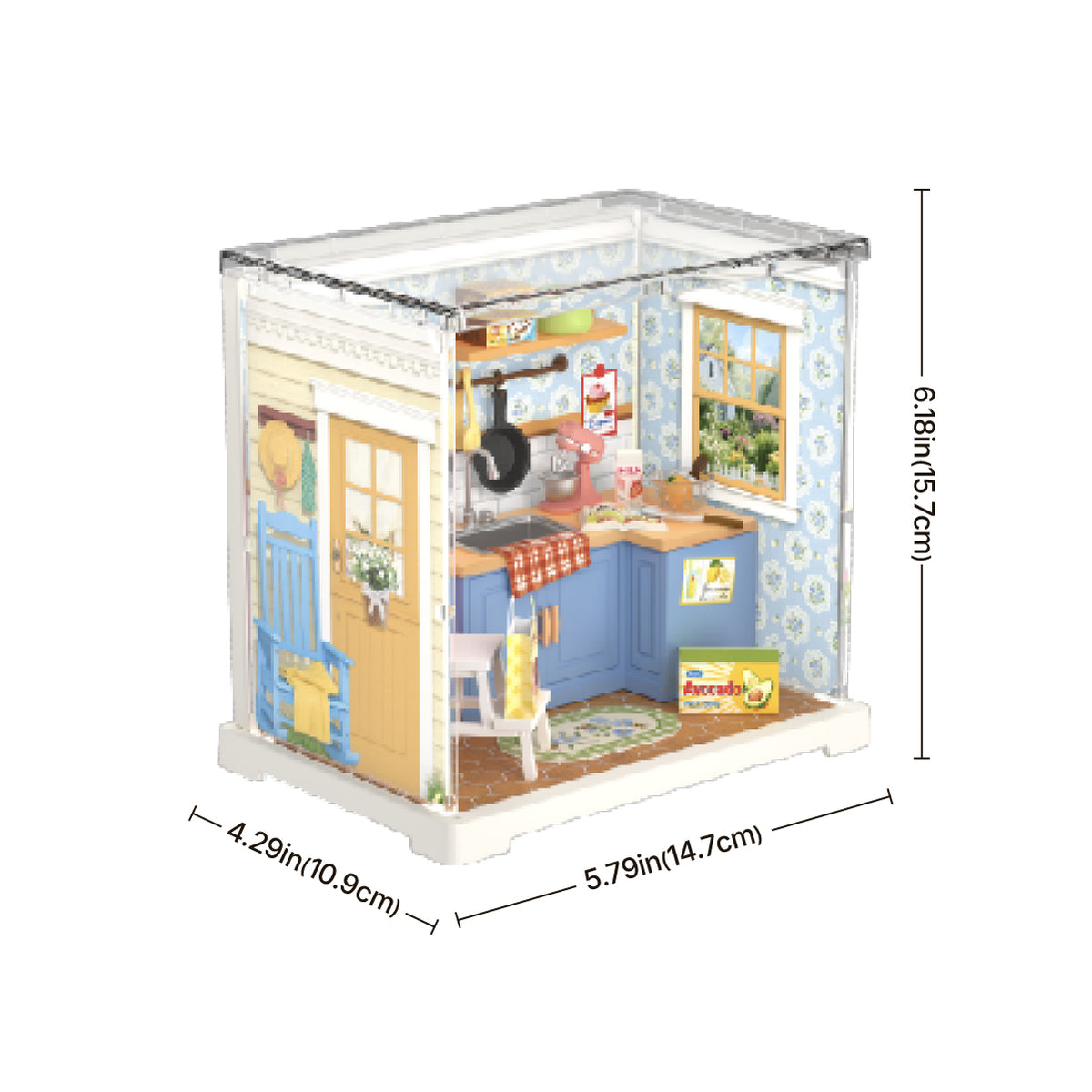 Rolife Homely Baking Kitchen Miniature House DWS08B DIY miniature house kit, styled lifestyle scene with model assembled
