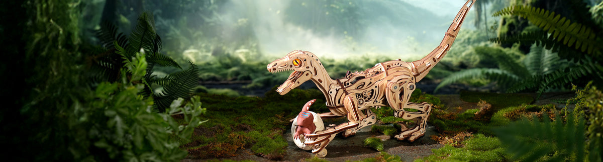 Robotime Walking Animal collection desktop hero banner showing wooden dinosaur skeleton model in lush jungle wide format