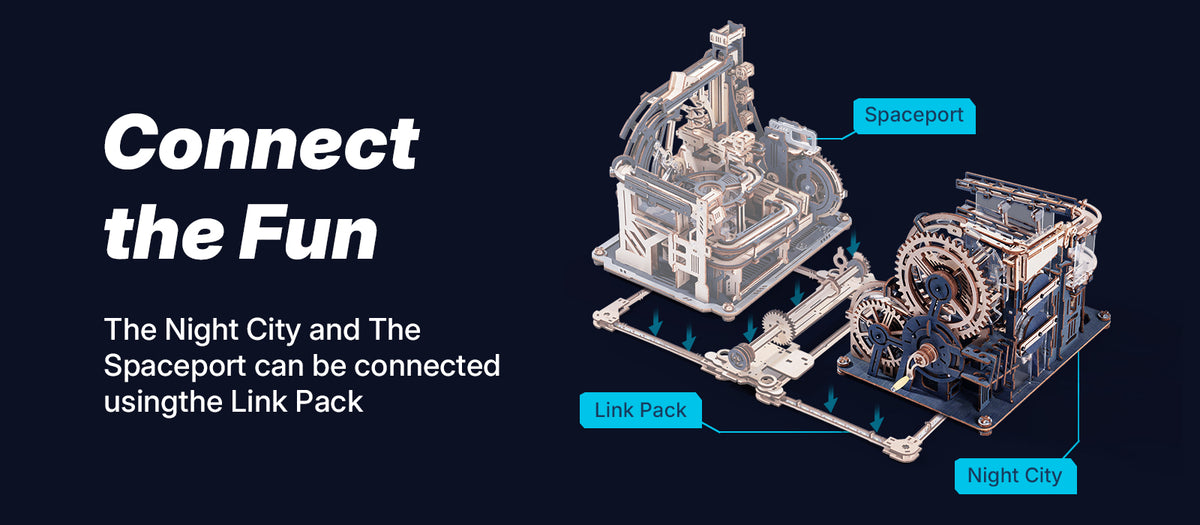 ROKR Marble Night City LGA01 connector diagram on dark background showing labeled Spaceport and Night City modules with Link Pack joining arrows