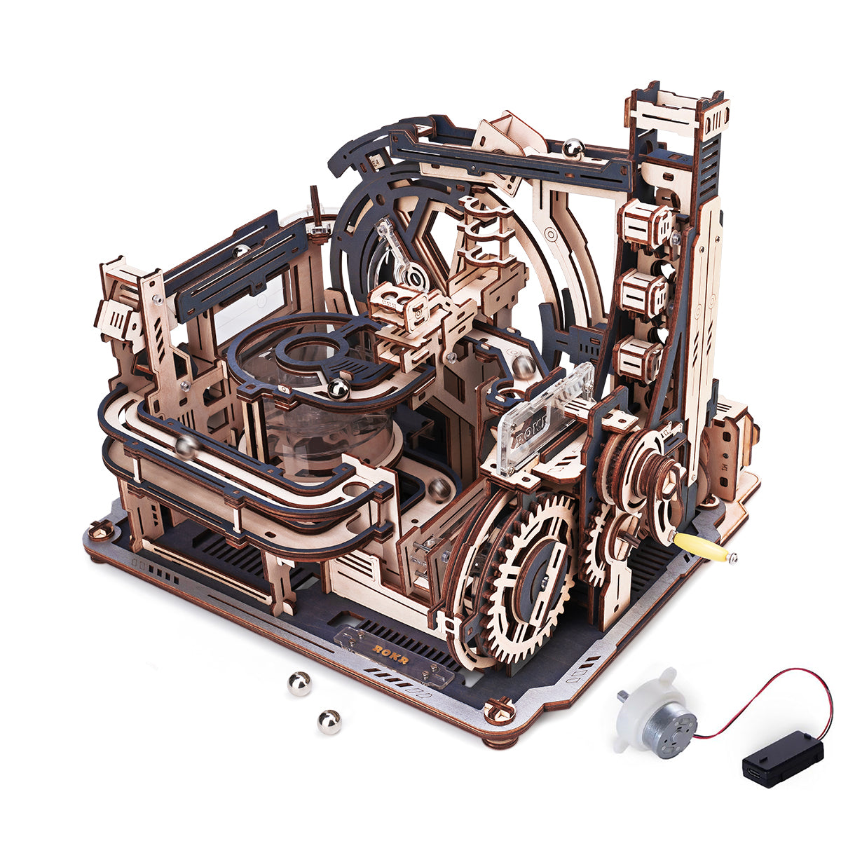 ROKR Gift Bundle + DIY gift bundle, product detail view: LGC01 Cog Coaster marble run and EAB01 Carousel music box kits EA...