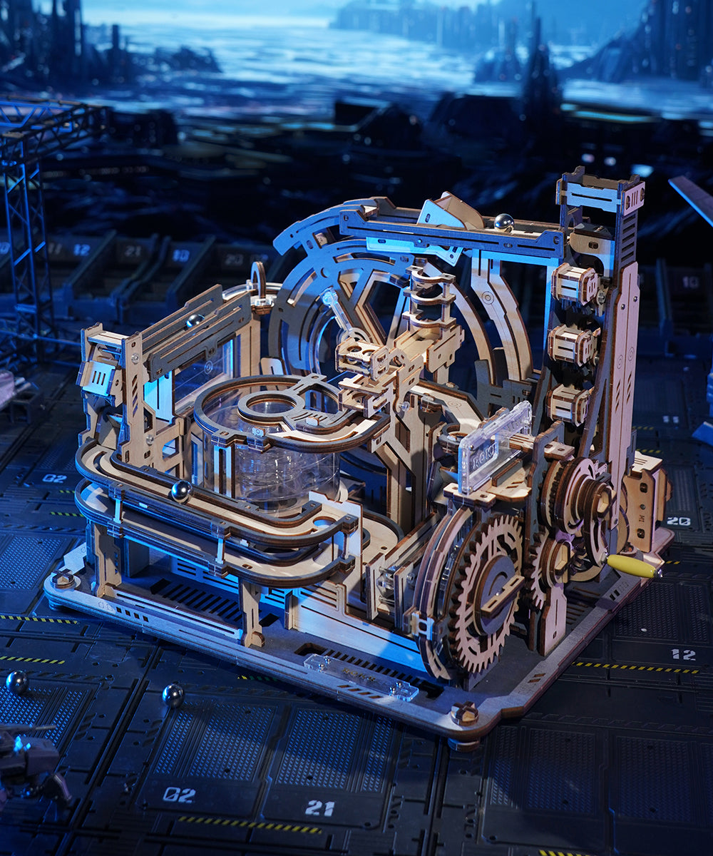 ROKR Marble Spaceport marble run 3D wooden puzzle LGC01 assembled machinery model with gears, conveyor belt, and glass marbles glowing in blue sci-fi atmosphere