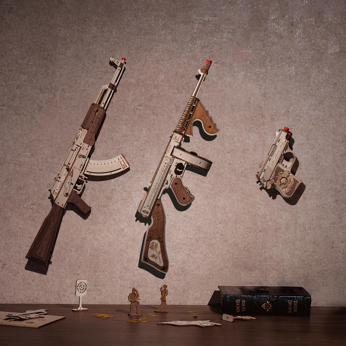 ROKR AK-47 Assault Rifle Toy Gun LQ901 3D wooden puzzle, side profile detail shot