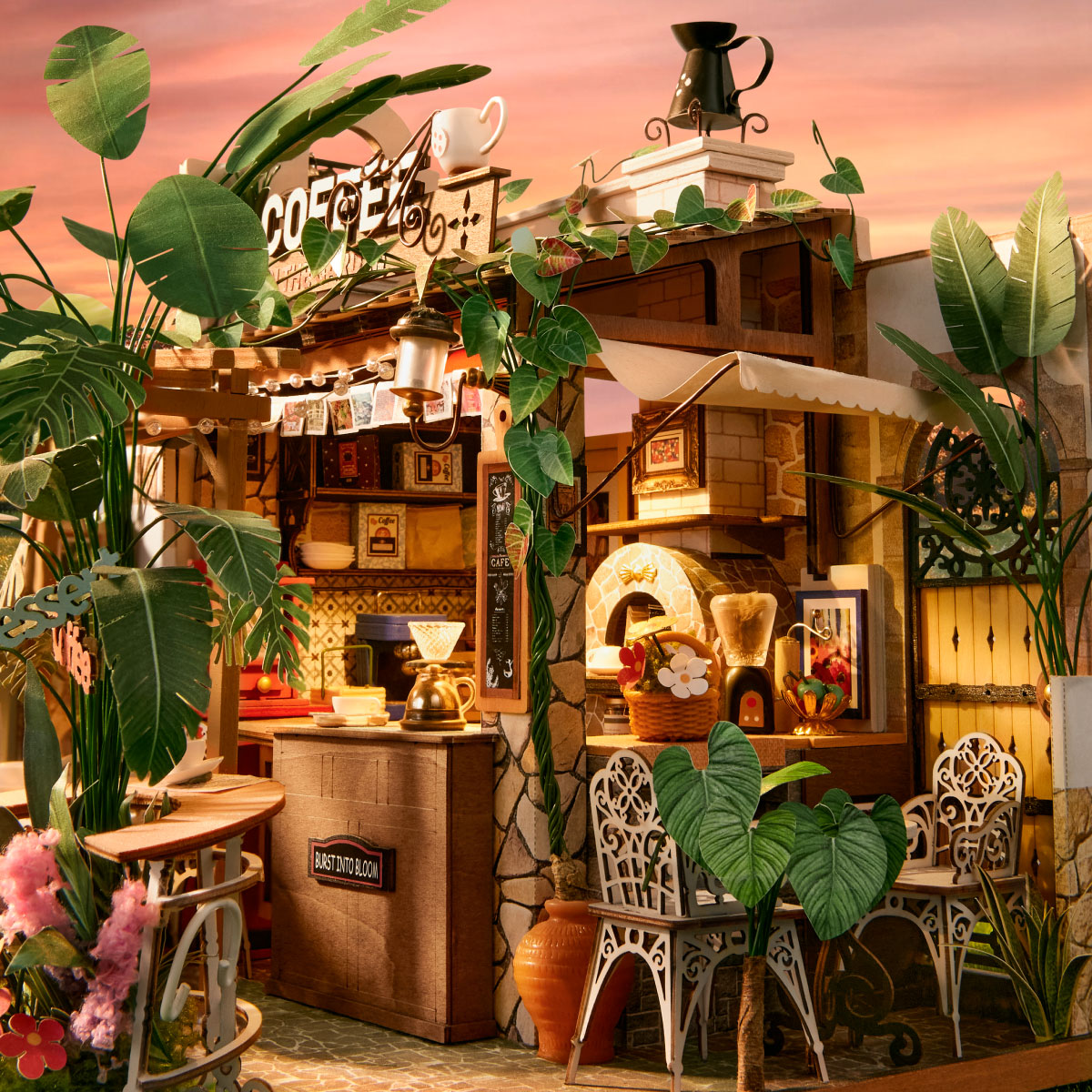 Rolife Leafree Cafe miniature with tropical plants, coffee bar and white patio furniture