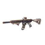 Assembled wooden M416 carbine puzzle rifle model shown upright against a plain white studio background.