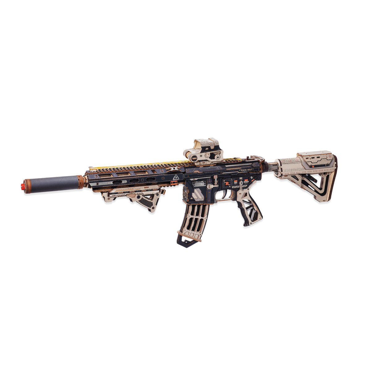 Assembled wooden M416 carbine puzzle rifle model shown upright against a plain white studio background.