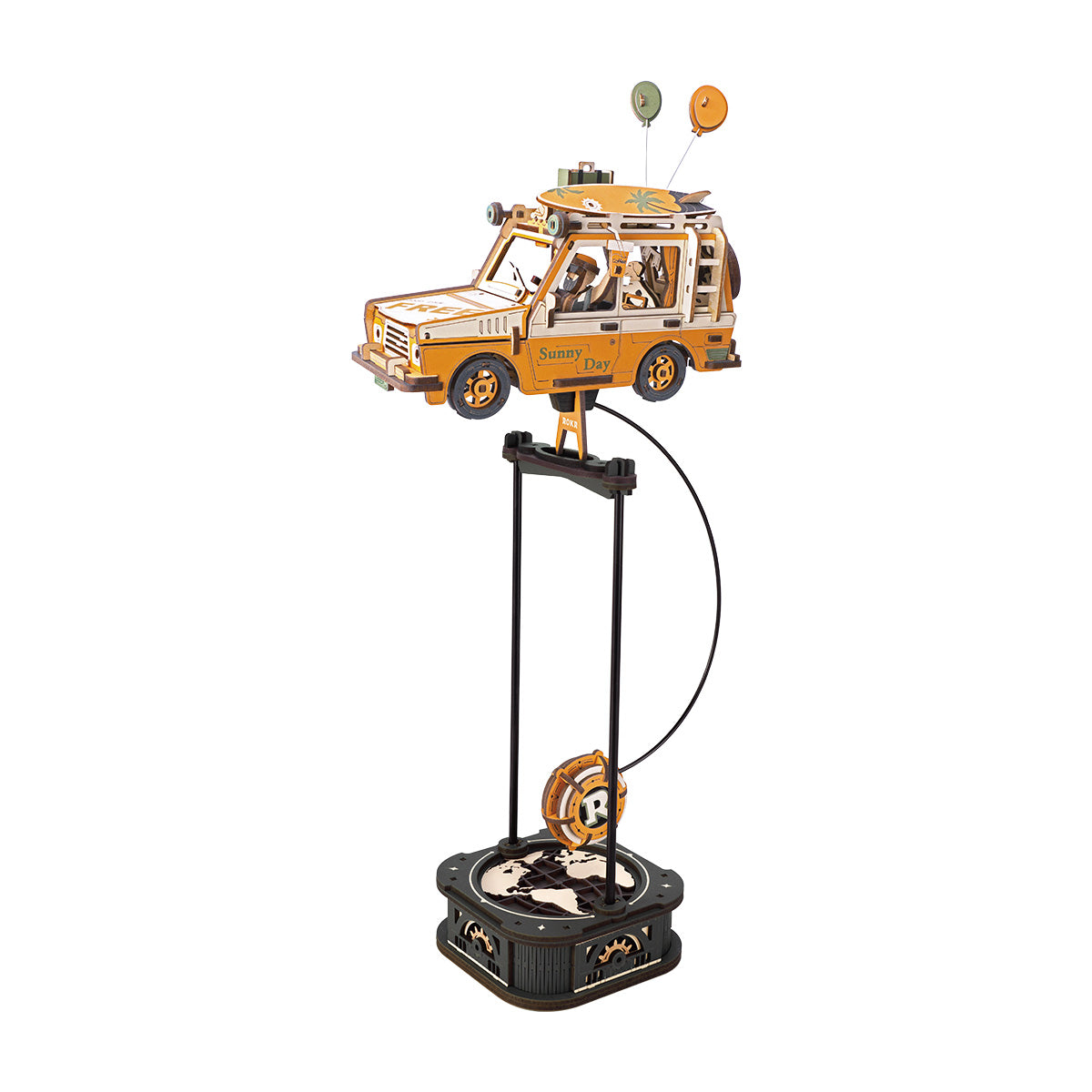 ROKR Road Tripper Gravity Swing MCD03 clean white-background hero shot of orange wooden SUV with gear counterweight balanced on black pendulum stand