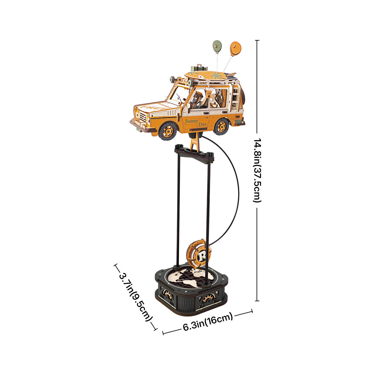 ROKR Road Tripper MCD03 white background front view of the fully assembled orange wooden SUV balanced on the pendulum swing gravity stand