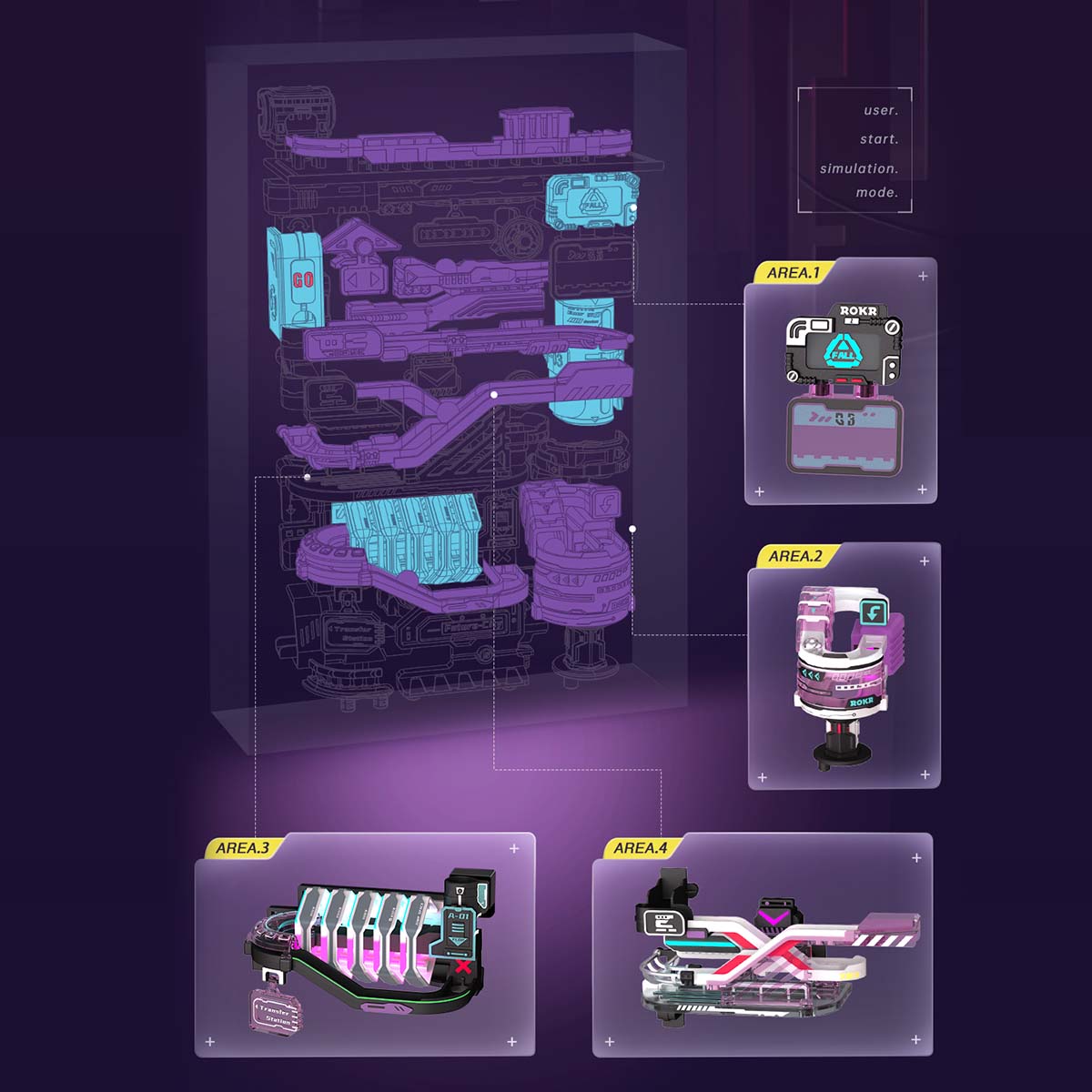 ROKR Parallel World Marble Run MR01S dimension diagram showing the 9 by 7 by 3 inch purple cabinet with annotated Future City marble zones