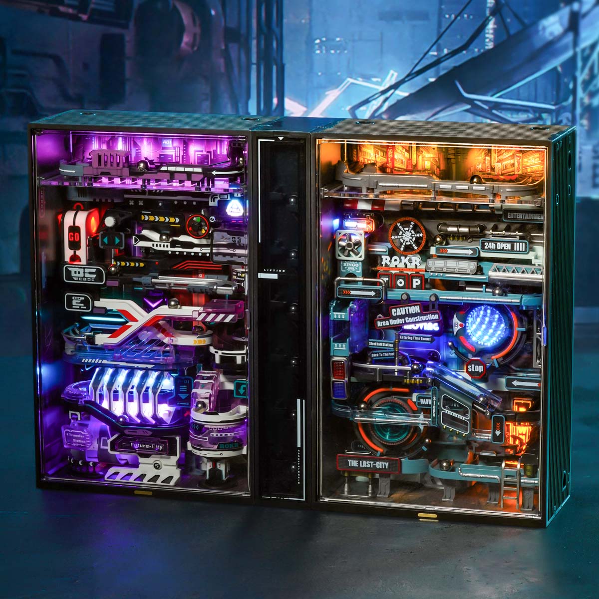 ROKR Parallel World Marble Run MR01S Future City purple-lit cabinet showing two matching marble run modules side by side with open glass doors