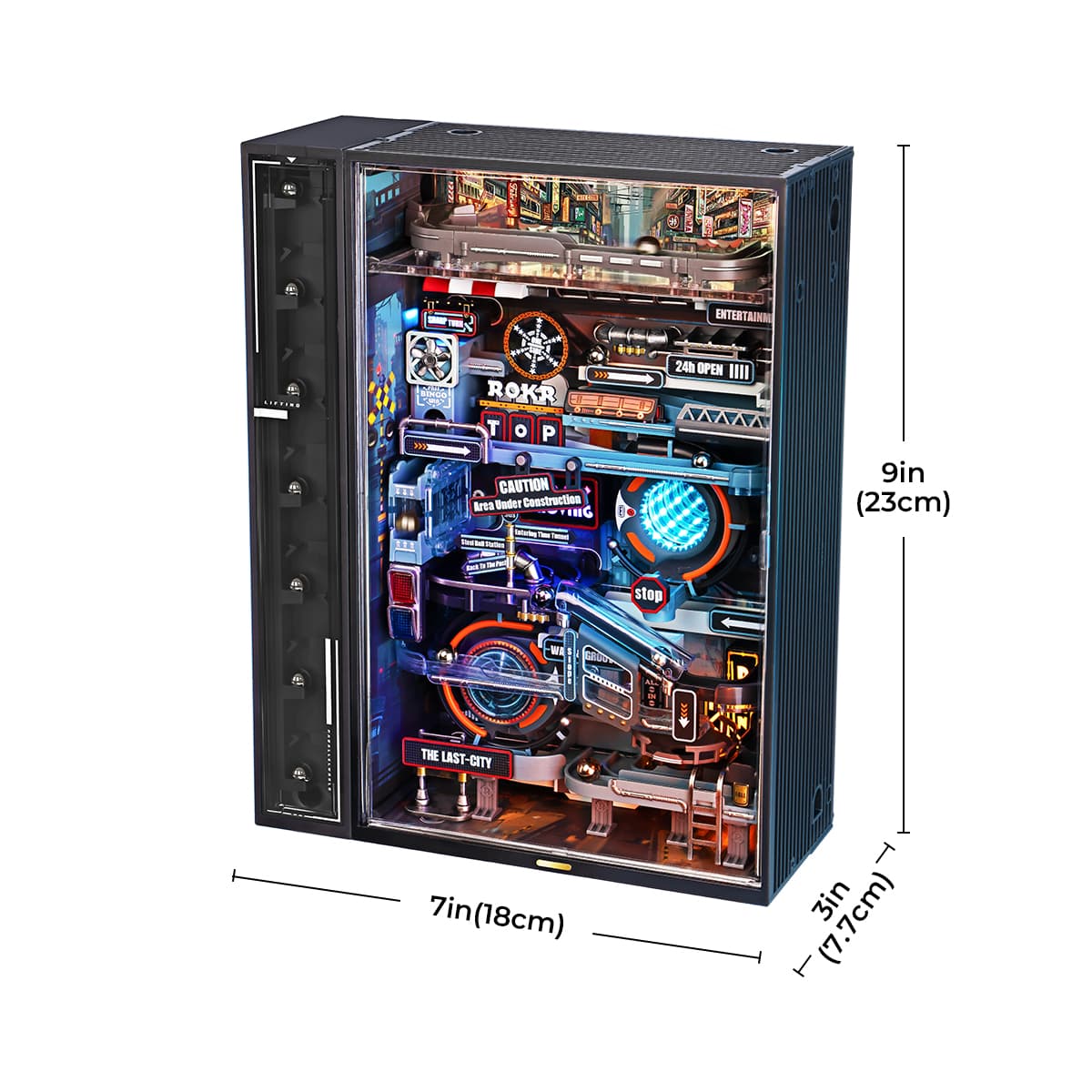 ROKR Parallel World Marble Run MR02S dimension diagram showing the assembled 9 by 7 by 3 inch black cabinet with neon-lit interior track system