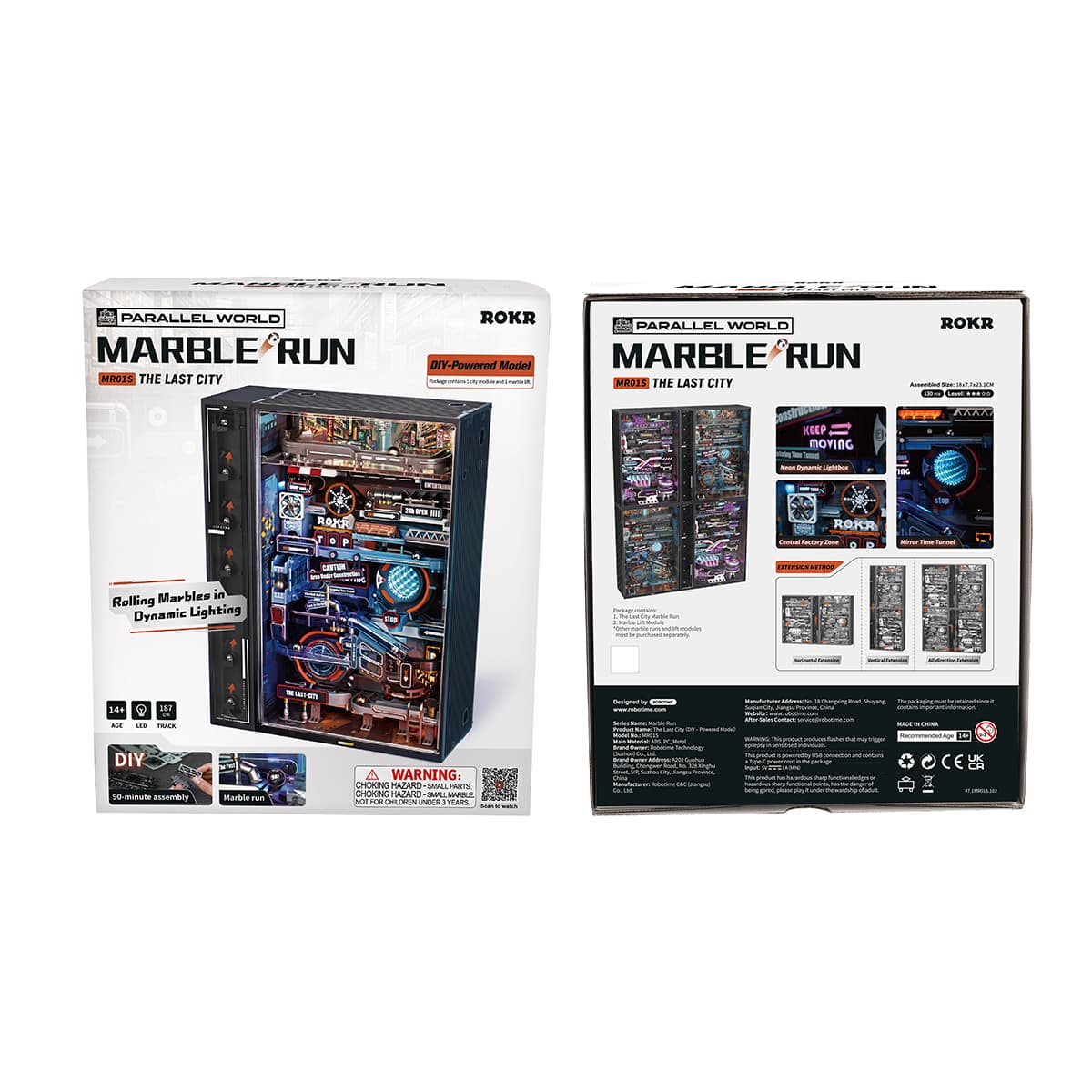 ROKR Parallel World Marble Run MR02S front and back box packaging showing assembled marble run with LED features and multi-language specifications