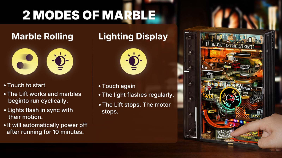 ROKR Hip-Hop Street Marble Run MR03S infographic showing 2 modes of marble operation including marble rolling and lighting display with feature callouts