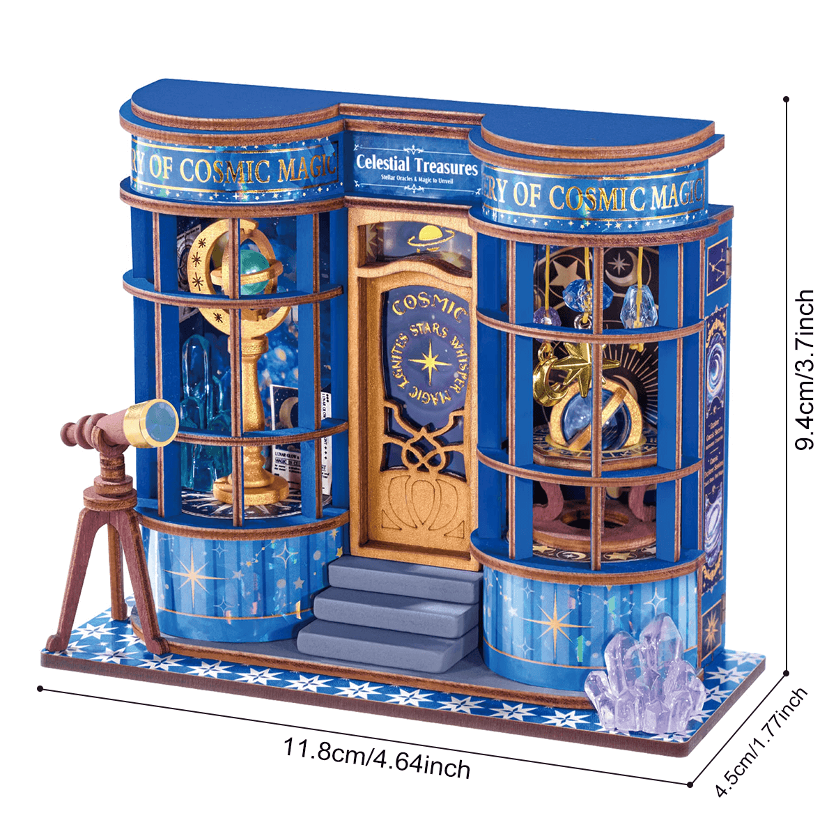 Rolife Magic Astronomy Shop Miniature House DS048 DIY miniature house kit, styled lifestyle scene with model assembled