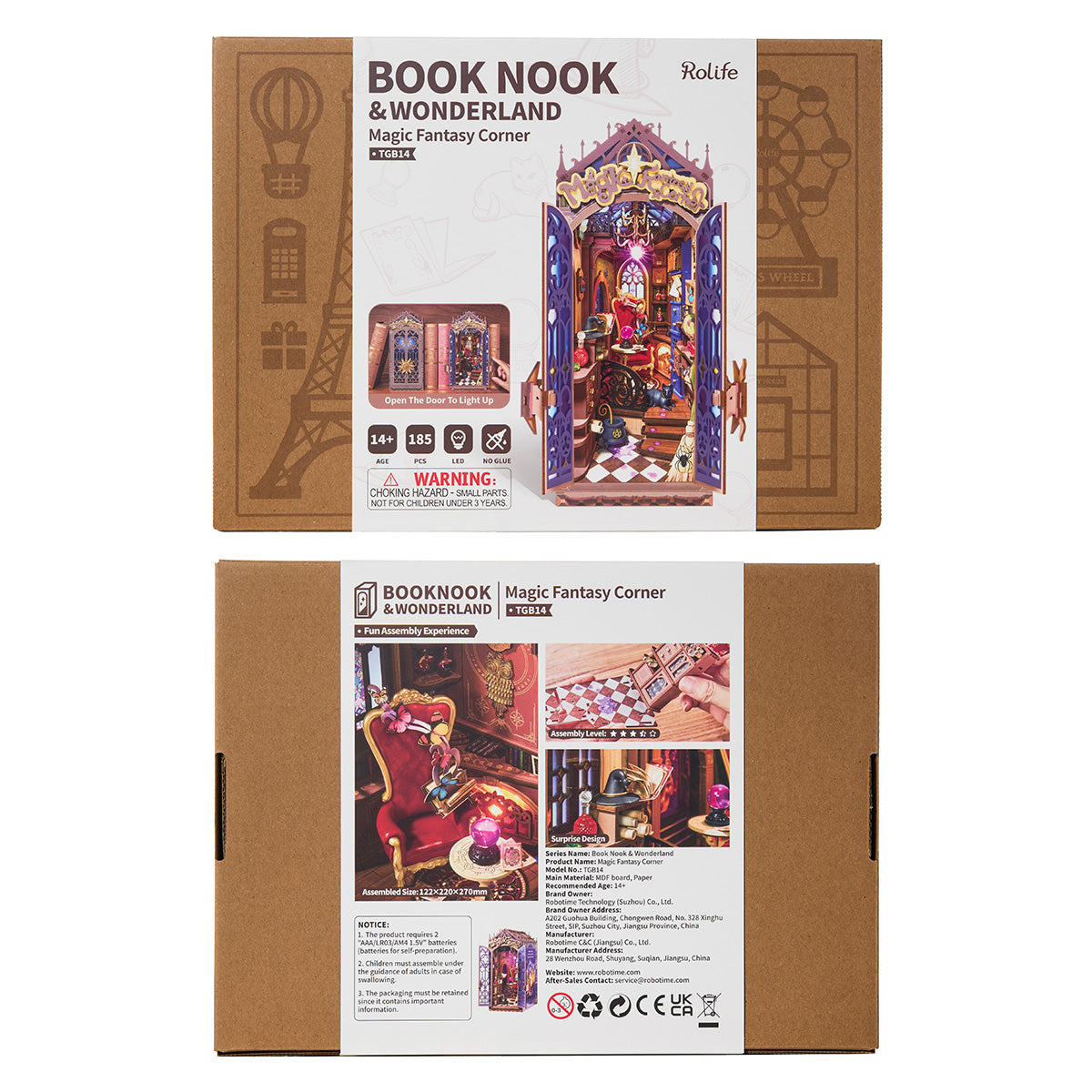 Rolife Book Nook and Wonderland Magic Fantasy Corner TGB14 retail packaging showing front and back with assembly specs and product details