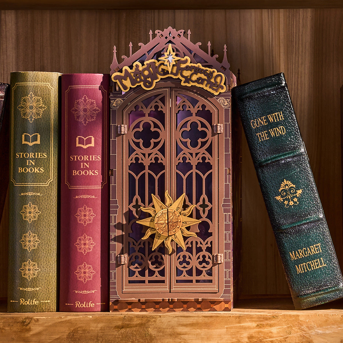Rolife Magic Fantasy Corner TGB14 interior close-up showing butterfly collections, golden armchair, crystal ball, and bookshelf by fireplace glow