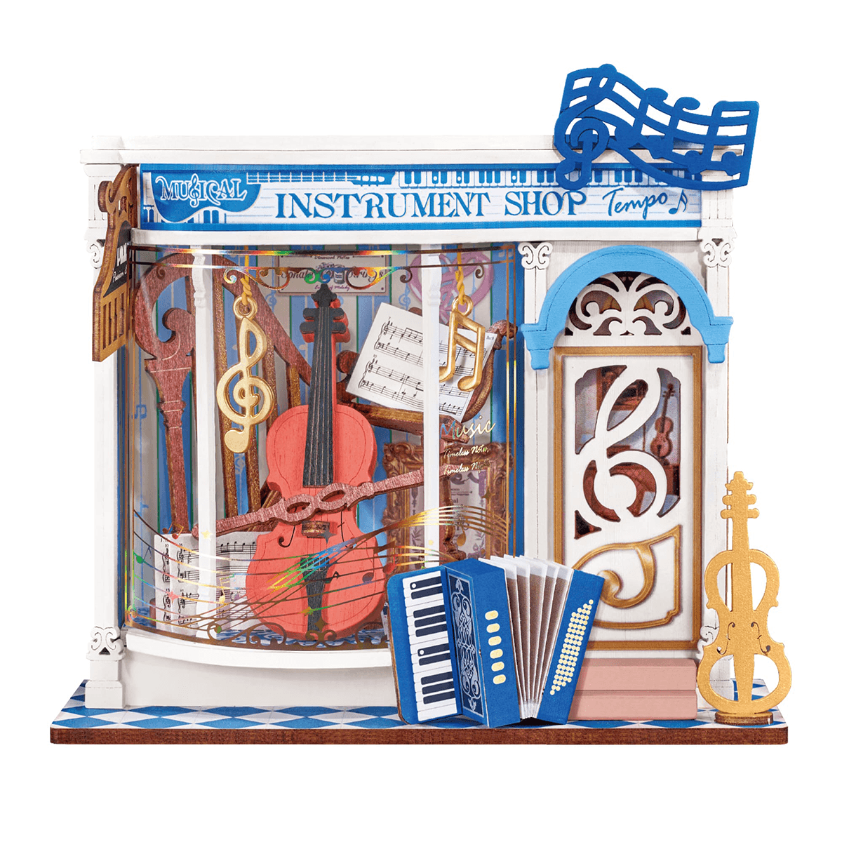 Rolife Melody Instrument Shop Miniature House DS047 DIY miniature house kit, product front view on neutral background